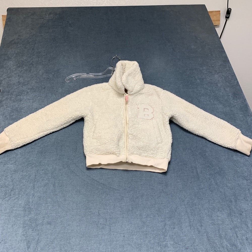 BCBG Girls Fleece Jacket Small Cream Lined Collared Ribbed Full Zip Long Sleeve